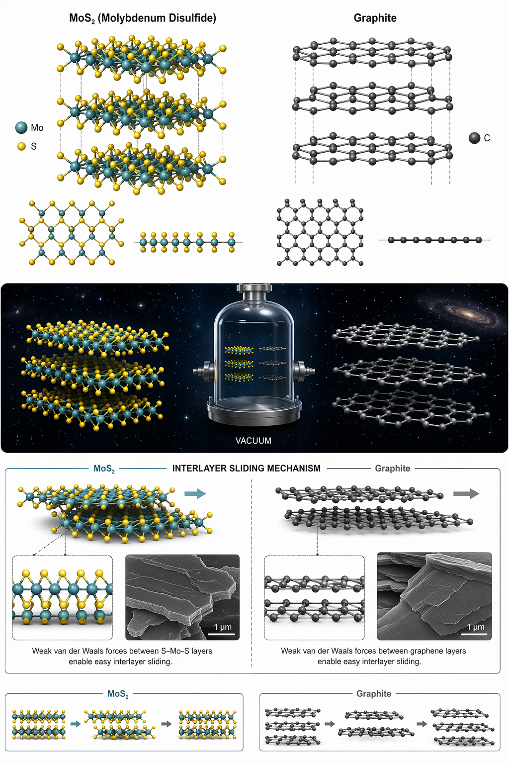 MoS₂ vs Graphite crystal structure comparison in vacuum environment