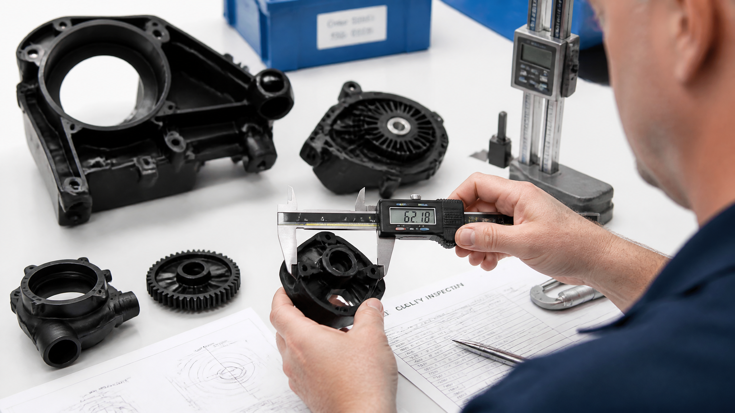 Engineer inspecting precision injection molded plastic parts with calipers in a quality lab
