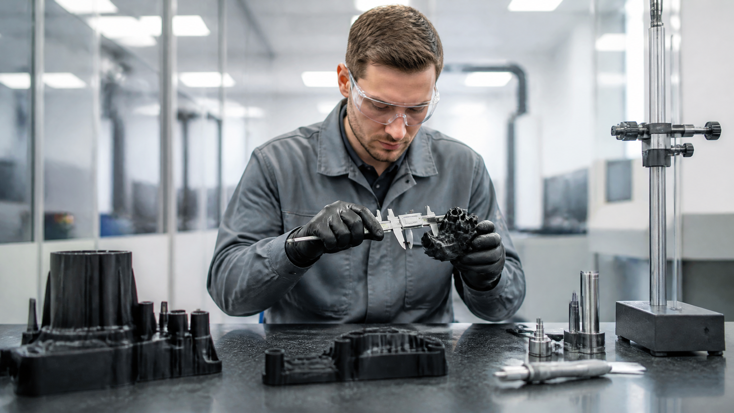 Quality control engineer inspecting automotive injection molded parts with precision calipers in factory lab