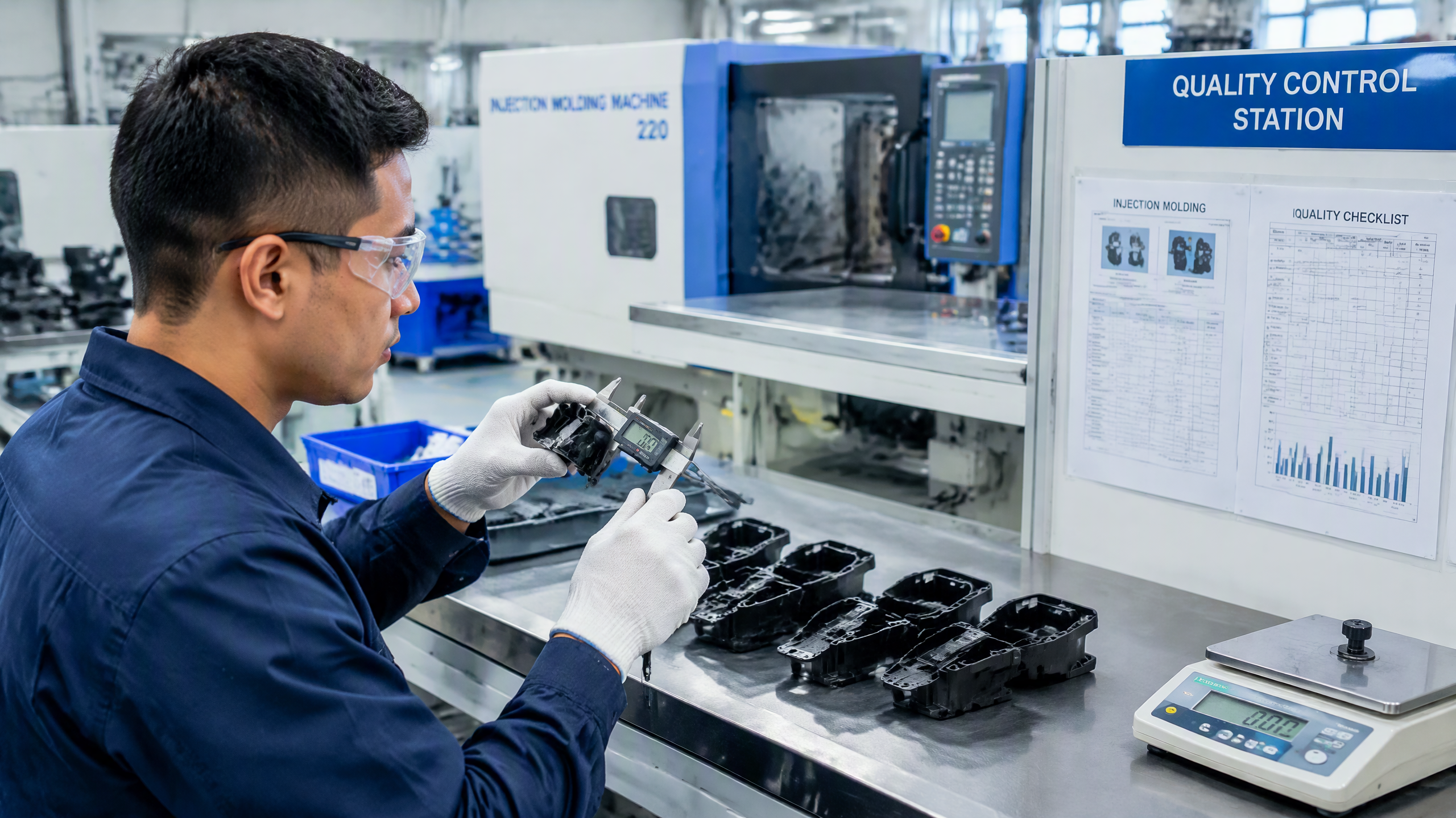 Quality control station inspecting injection molded parts for defects