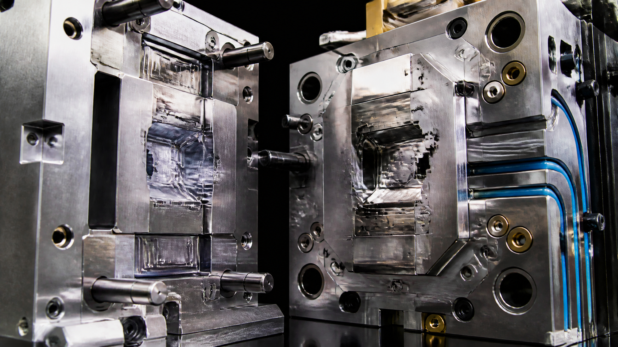 Injection Mold Tooling Close-Up Precision steel injection mold tooling, a major component of injection molding cost