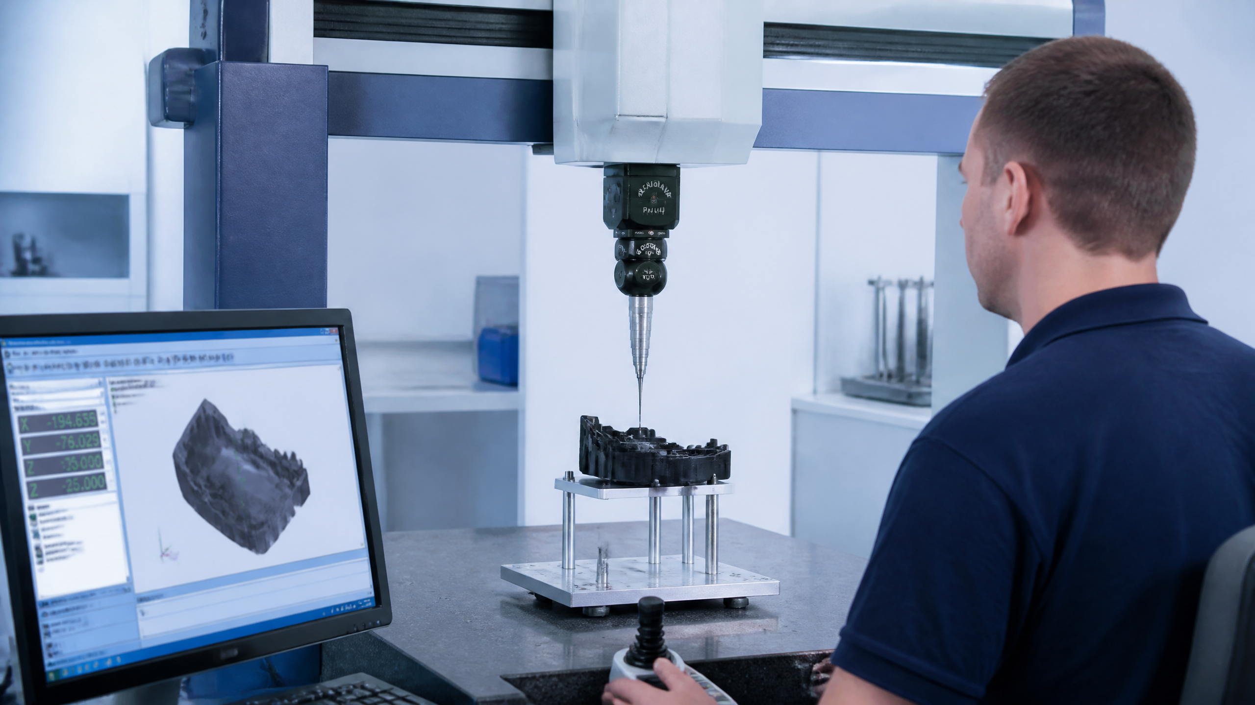 Quality control inspection of precision injection molded components using a coordinate measuring machine CMM with touch probe in a controlled laboratory environment