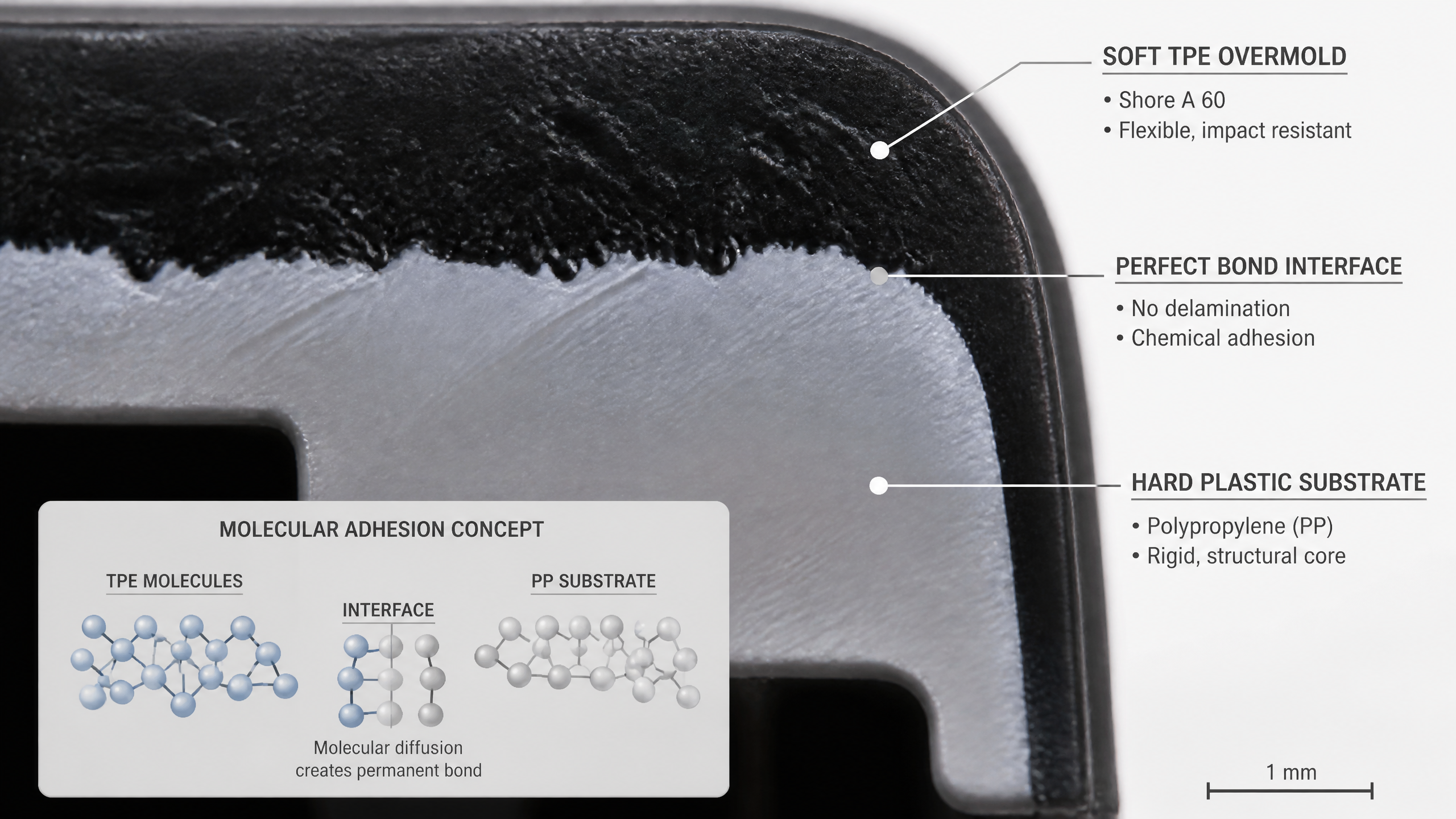 Overmolding material bonding cross-section showing TPE layer bonded to hard plastic substrate