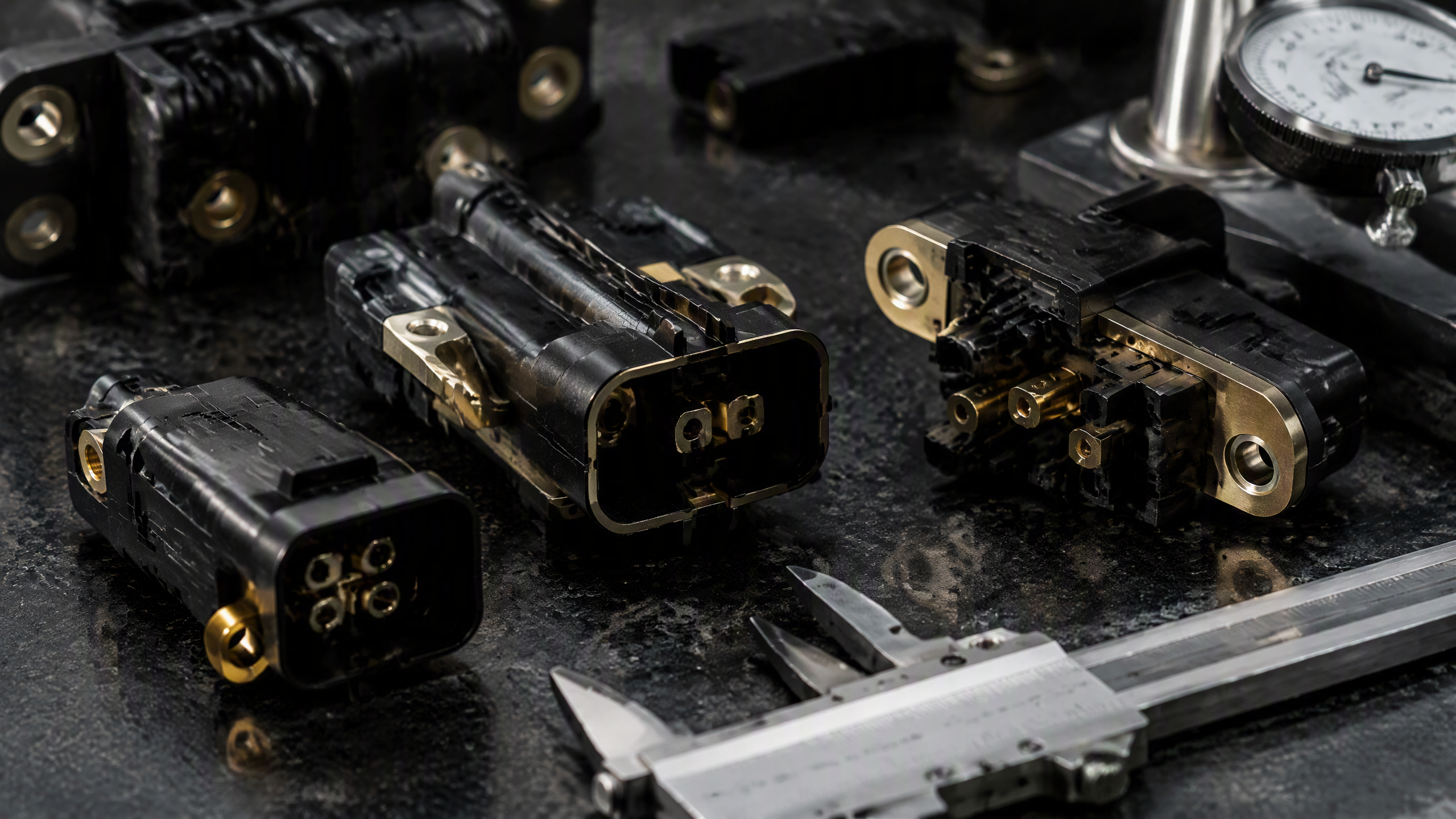Precision insert molded automotive connector parts with brass terminals on measuring table