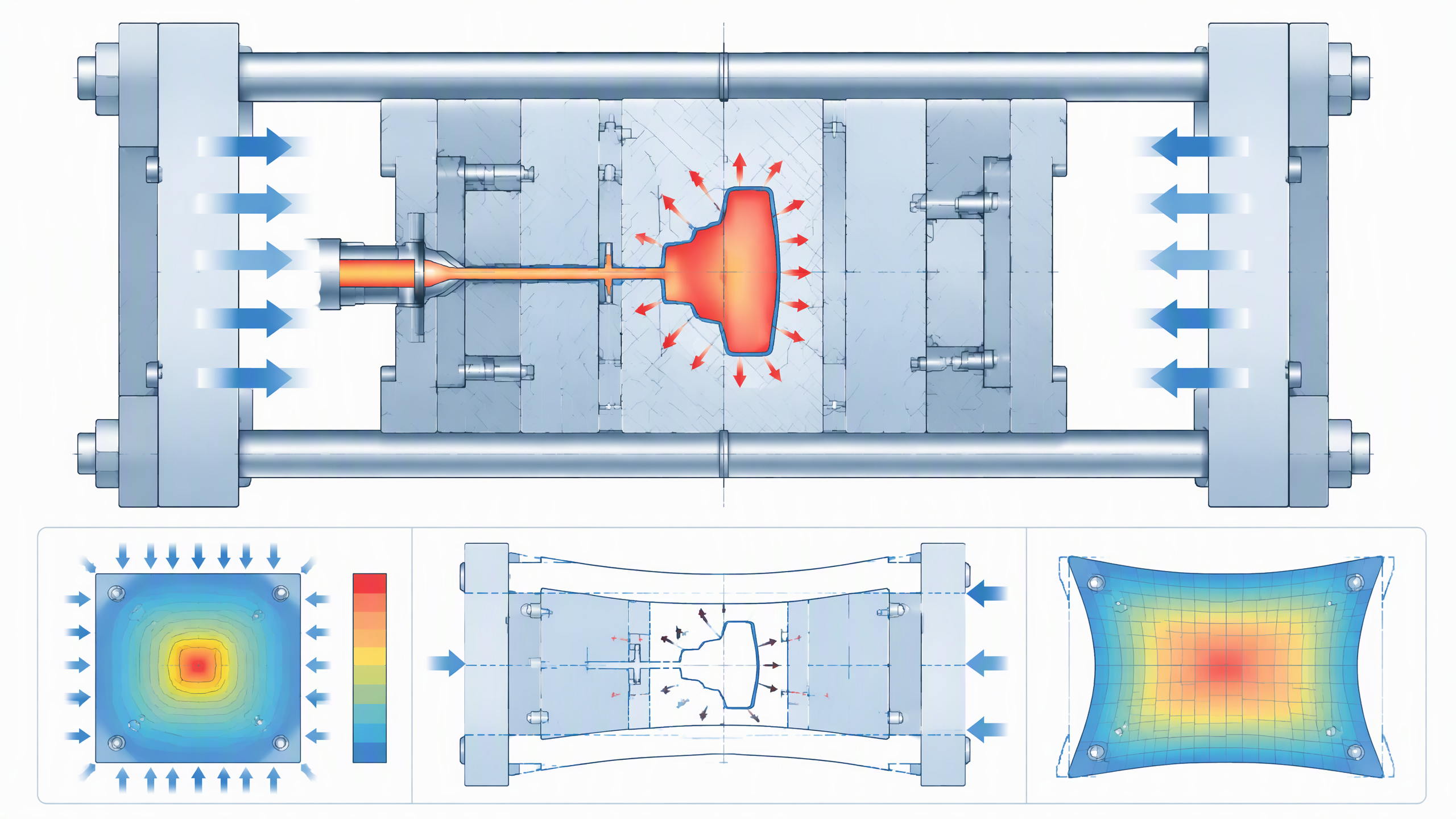 Injection molding clamping force distribution diagram showing mold deflection and cavity pressure