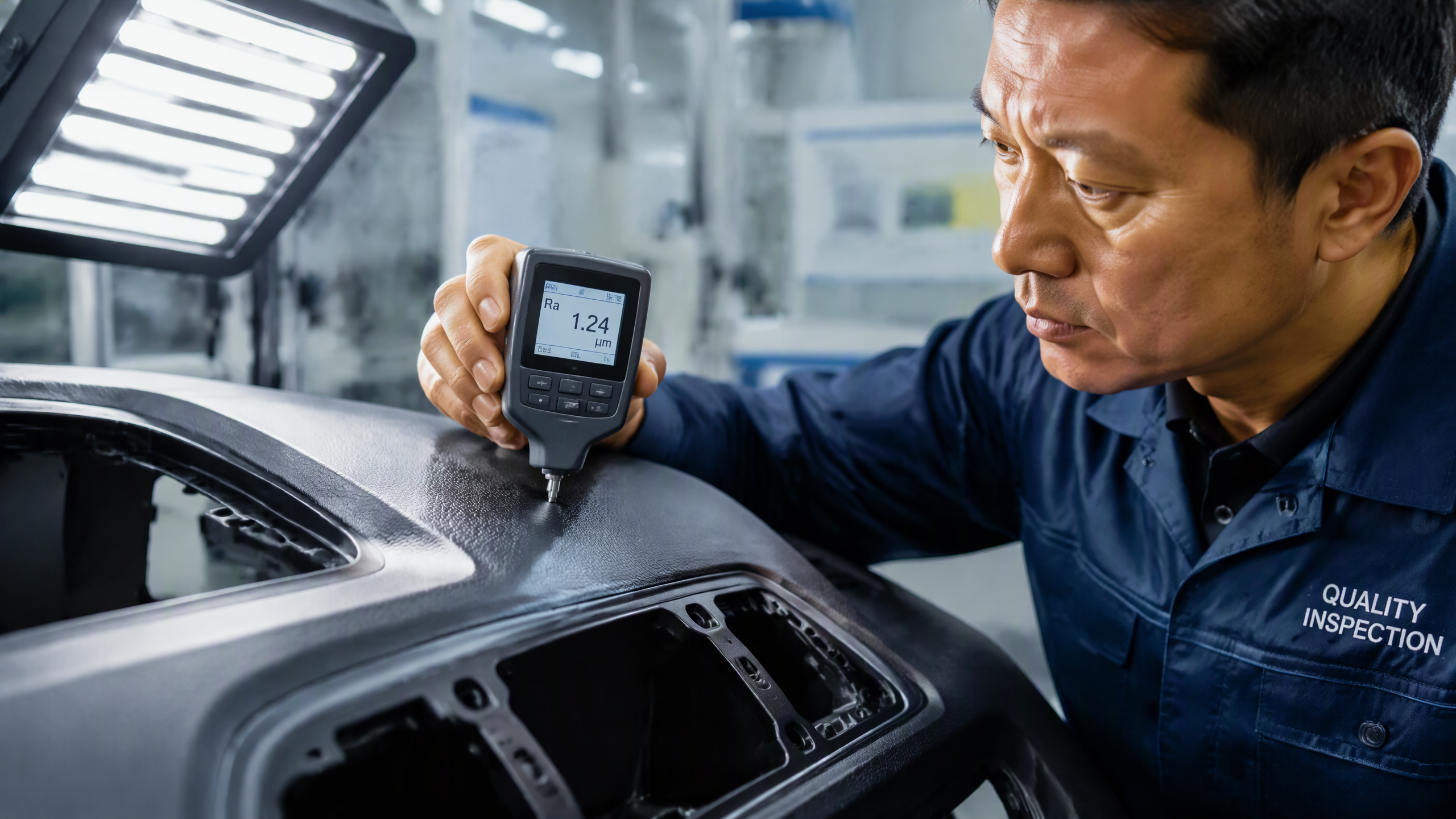 Quality inspector checking injection molding surface finish with roughness tester
