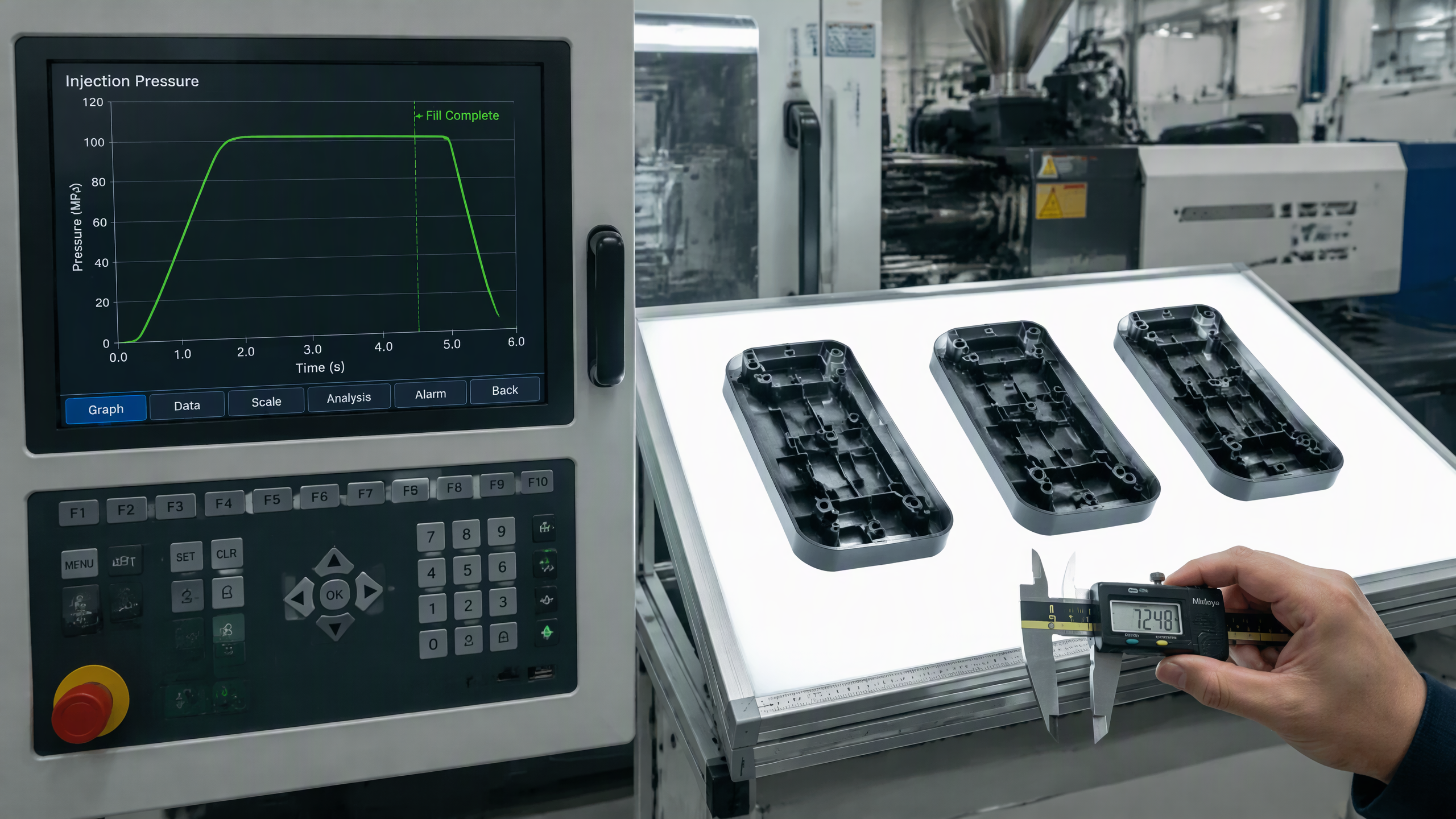 Injection molding process monitoring screen showing an injection pressure curve with a fill complete marker beside molded parts being measured with a caliper
